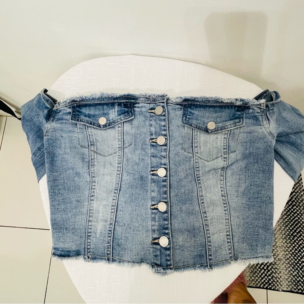 Denim Off-Shoulder Jacket - Picture 2 of 4